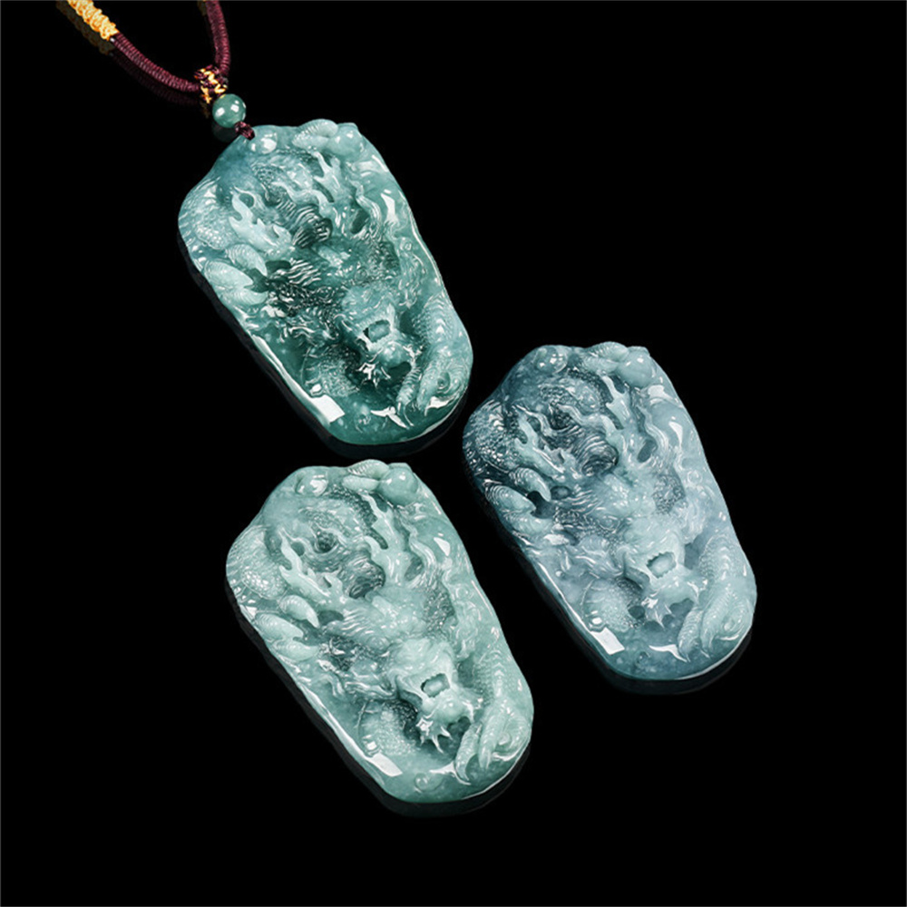 Natural Certificated Type A Untreated 64.5X38.5mm Blue Icy Watery Guatemalan Jadeite Rectangle Pendant With Dragon Carved,Chinese Zodiac,DIY Jewelry Supplies