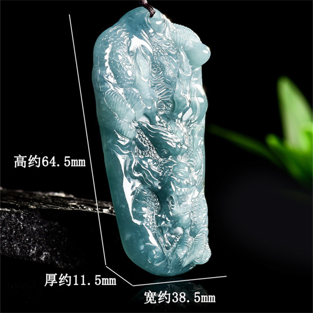 Natural Certificated Type A Untreated 64.5X38.5mm Blue Icy Watery Guatemalan Jadeite Rectangle Pendant With Dragon Carved,Chinese Zodiac,DIY Jewelry Supplies