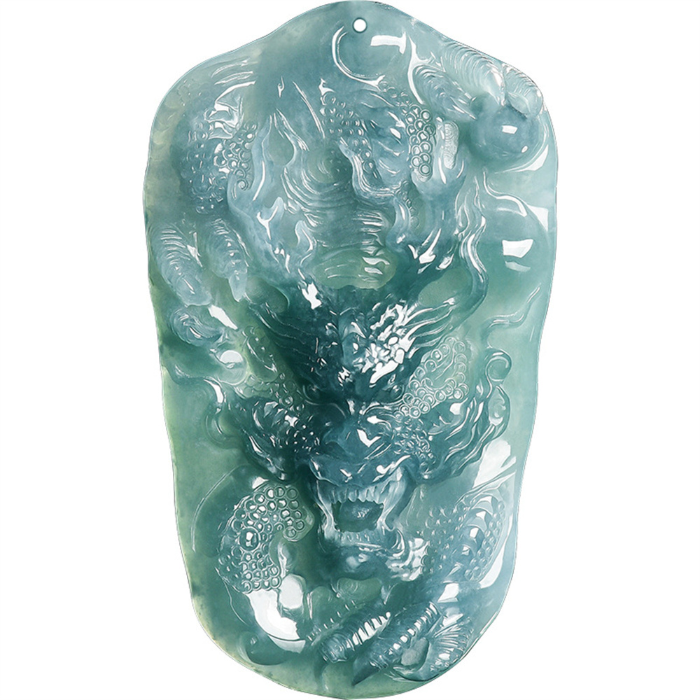 Natural Certificated Type A Untreated 64.5X38.5mm Blue Icy Watery Guatemalan Jadeite Rectangle Pendant With Dragon Carved,Chinese Zodiac,DIY Jewelry Supplies