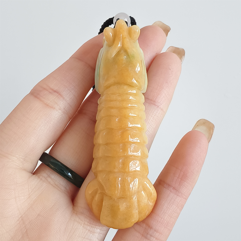 Unique Certificated Natural Type A Untreated 65X18mm Yellow Burmese Jadeite Hand Carved Mantis Shrimp Pendant,Yellow Jadeite Pendant,DIY Jewelry Supplies