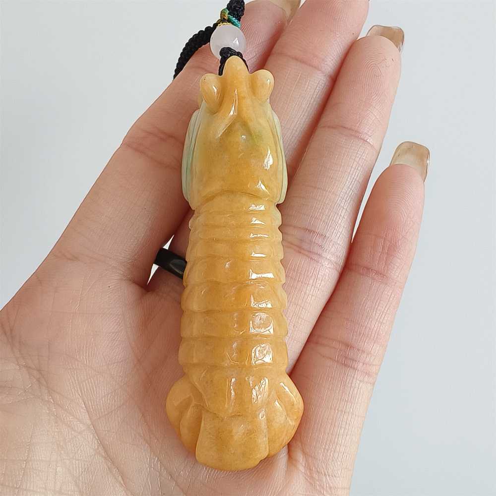 Unique Certificated Natural Type A Untreated 65X18mm Yellow Burmese Jadeite Hand Carved Mantis Shrimp Pendant,Yellow Jadeite Pendant,DIY Jewelry Supplies