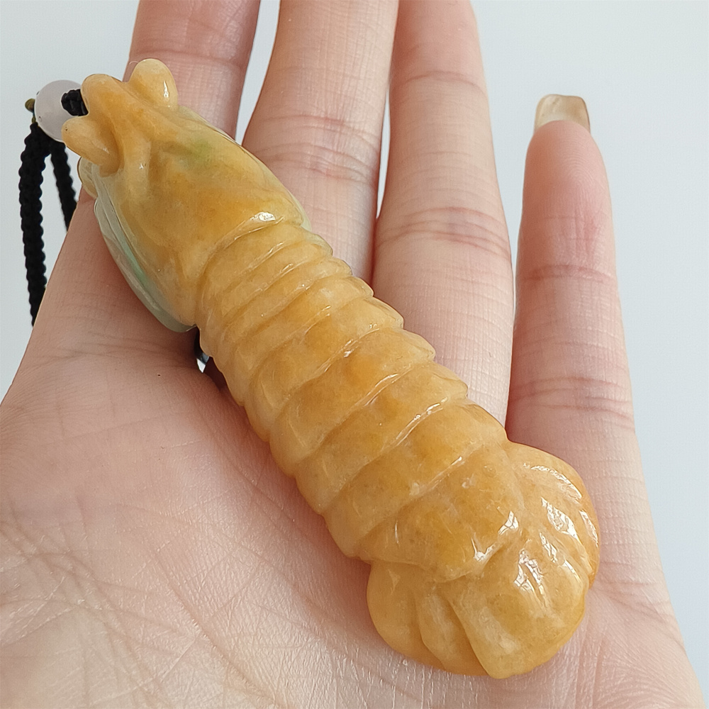 Unique Certificated Natural Type A Untreated 65X18mm Yellow Burmese Jadeite Hand Carved Mantis Shrimp Pendant,Yellow Jadeite Pendant,DIY Jewelry Supplies
