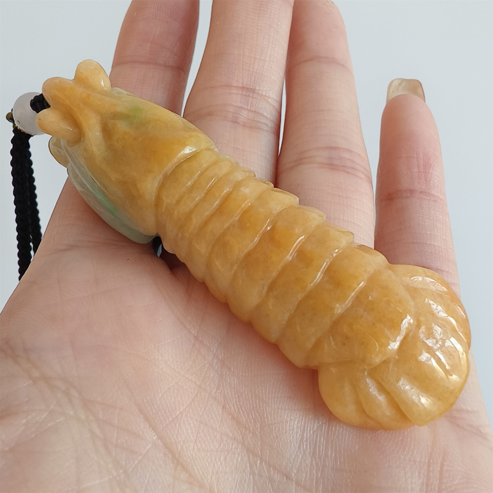 Unique Certificated Natural Type A Untreated 65X18mm Yellow Burmese Jadeite Hand Carved Mantis Shrimp Pendant,Yellow Jadeite Pendant,DIY Jewelry Supplies