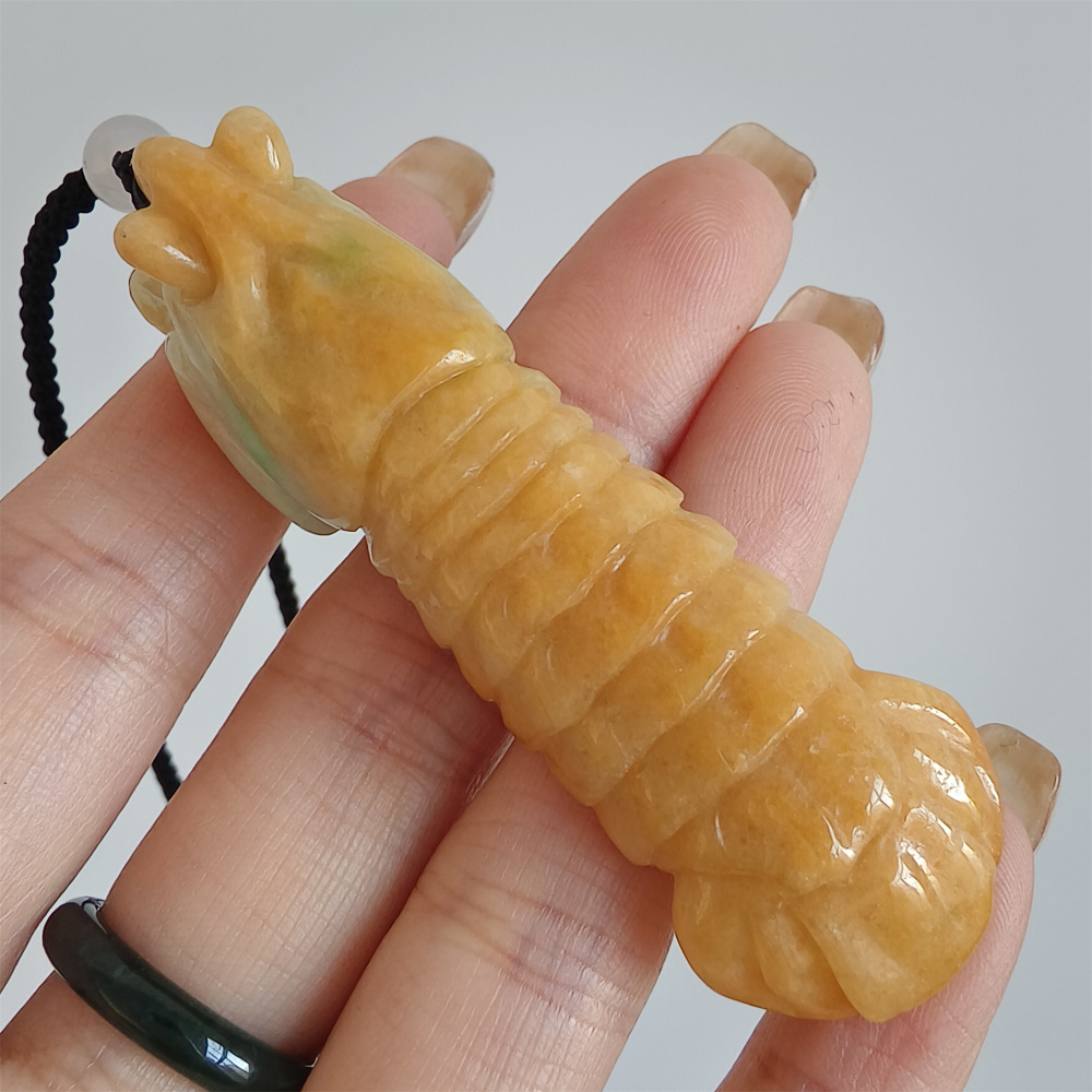 Unique Certificated Natural Type A Untreated 65X18mm Yellow Burmese Jadeite Hand Carved Mantis Shrimp Pendant,Yellow Jadeite Pendant,DIY Jewelry Supplies