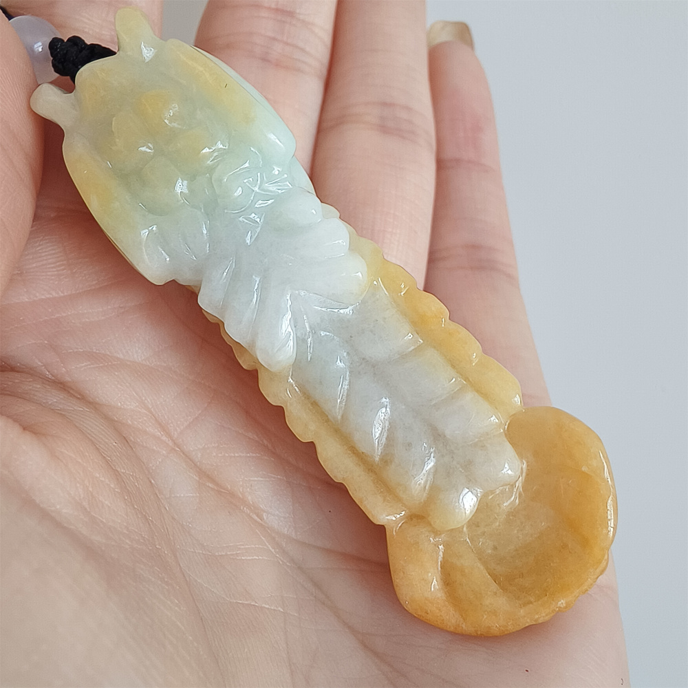 Unique Certificated Natural Type A Untreated 65X18mm Yellow Burmese Jadeite Hand Carved Mantis Shrimp Pendant,Yellow Jadeite Pendant,DIY Jewelry Supplies