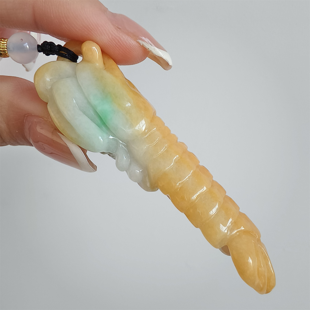 Unique Certificated Natural Type A Untreated 65X18mm Yellow Burmese Jadeite Hand Carved Mantis Shrimp Pendant,Yellow Jadeite Pendant,DIY Jewelry Supplies