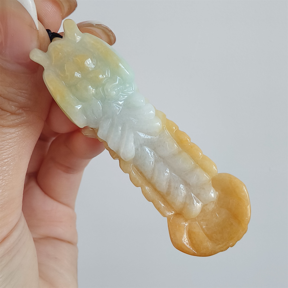 Unique Certificated Natural Type A Untreated 65X18mm Yellow Burmese Jadeite Hand Carved Mantis Shrimp Pendant,Yellow Jadeite Pendant,DIY Jewelry Supplies