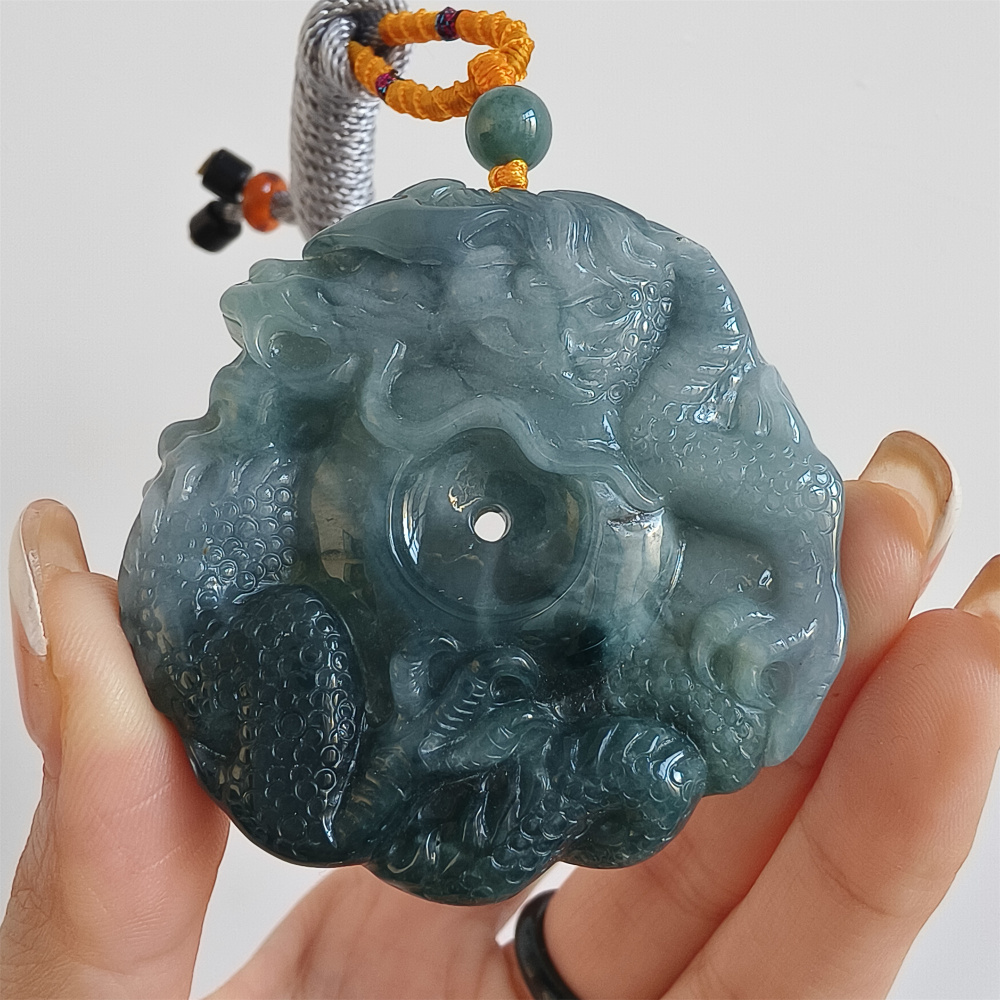 Natural Certificated Type A Untreated 52mm Blue Icy Watery Guatemalan Jadeite Round Pendant With Dragon Carved,Amulet Pendant,DIY Jewelry Supplies