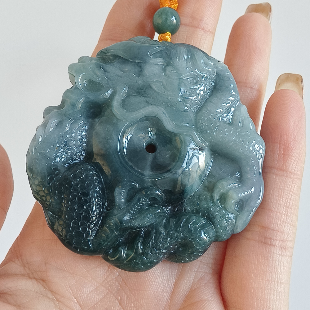Natural Certificated Type A Untreated 52mm Blue Icy Watery Guatemalan Jadeite Round Pendant With Dragon Carved,Amulet Pendant,DIY Jewelry Supplies