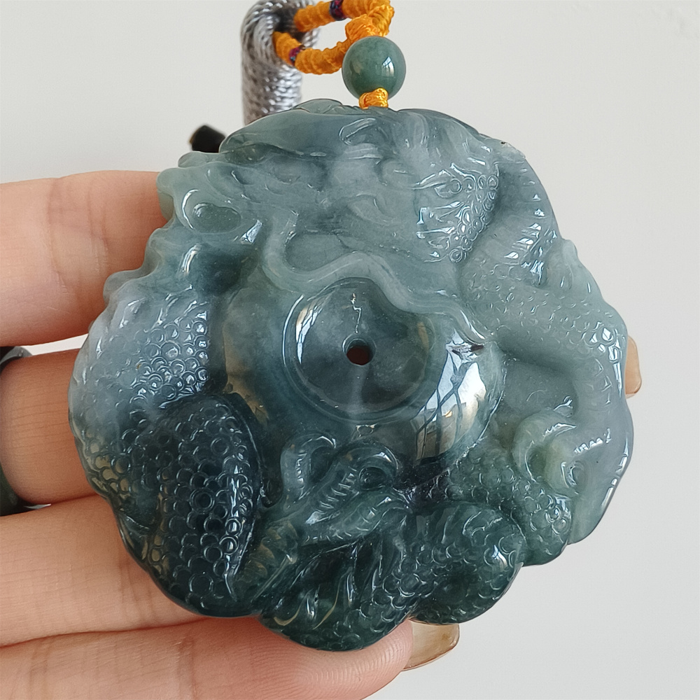 Natural Certificated Type A Untreated 52mm Blue Icy Watery Guatemalan Jadeite Round Pendant With Dragon Carved,Amulet Pendant,DIY Jewelry Supplies