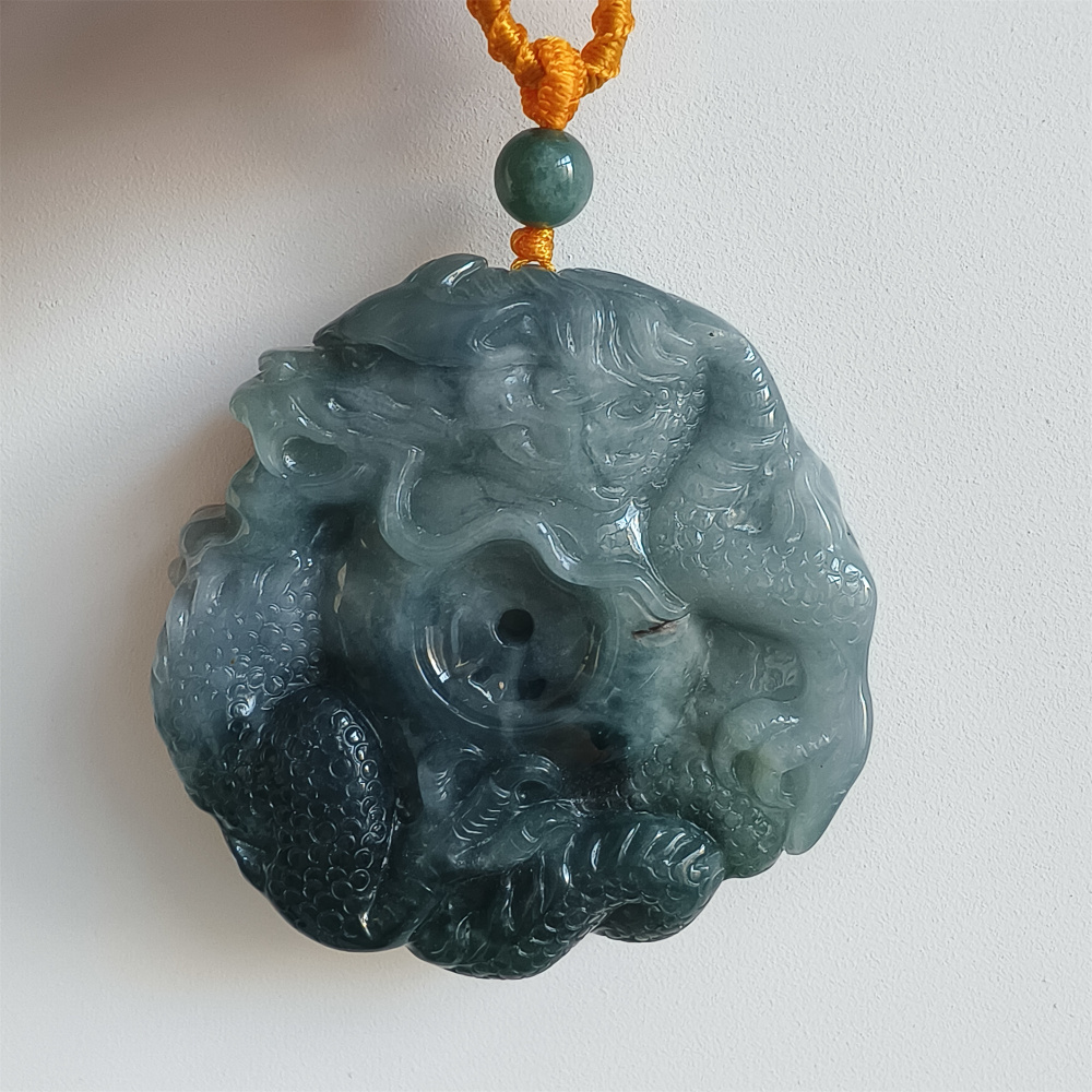 Natural Certificated Type A Untreated 52mm Blue Icy Watery Guatemalan Jadeite Round Pendant With Dragon Carved,Amulet Pendant,DIY Jewelry Supplies