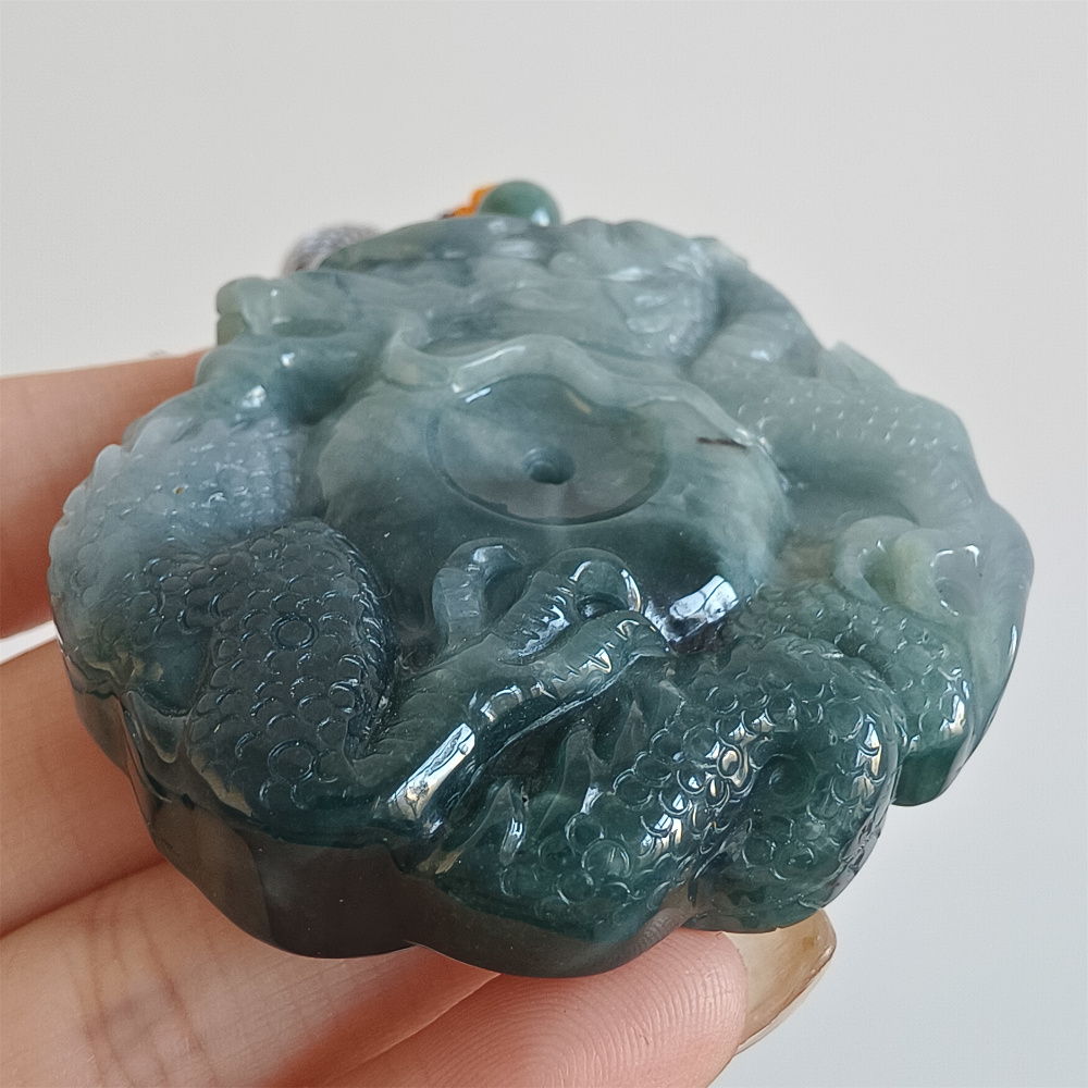 Natural Certificated Type A Untreated 52mm Blue Icy Watery Guatemalan Jadeite Round Pendant With Dragon Carved,Amulet Pendant,DIY Jewelry Supplies
