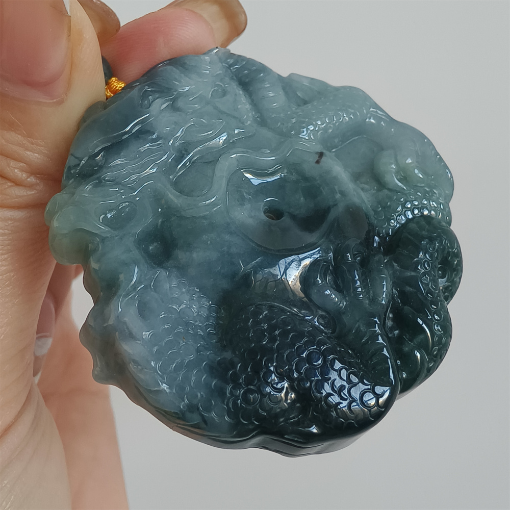 Natural Certificated Type A Untreated 52mm Blue Icy Watery Guatemalan Jadeite Round Pendant With Dragon Carved,Amulet Pendant,DIY Jewelry Supplies