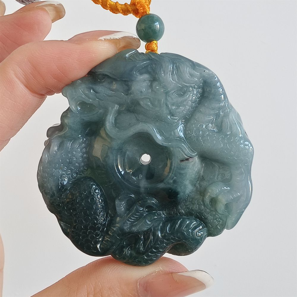 Natural Certificated Type A Untreated 52mm Blue Icy Watery Guatemalan Jadeite Round Pendant With Dragon Carved,Amulet Pendant,DIY Jewelry Supplies