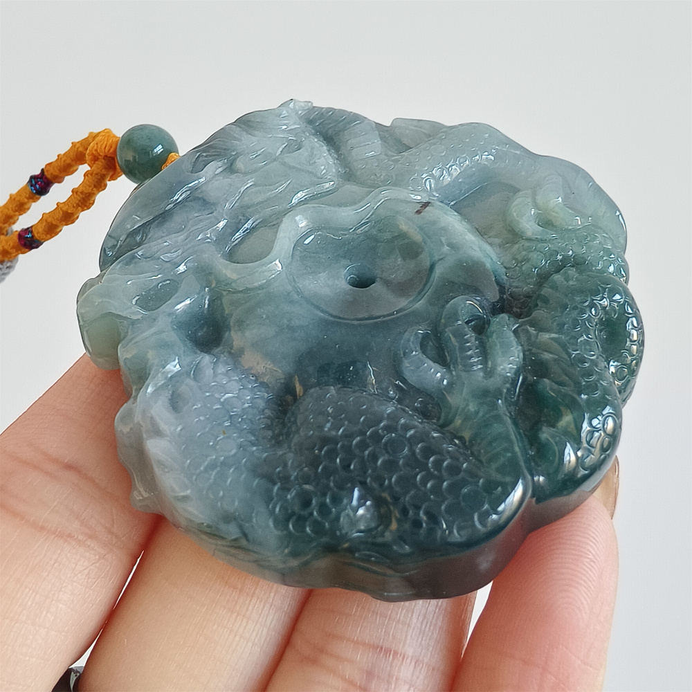 Natural Certificated Type A Untreated 52mm Blue Icy Watery Guatemalan Jadeite Round Pendant With Dragon Carved,Amulet Pendant,DIY Jewelry Supplies