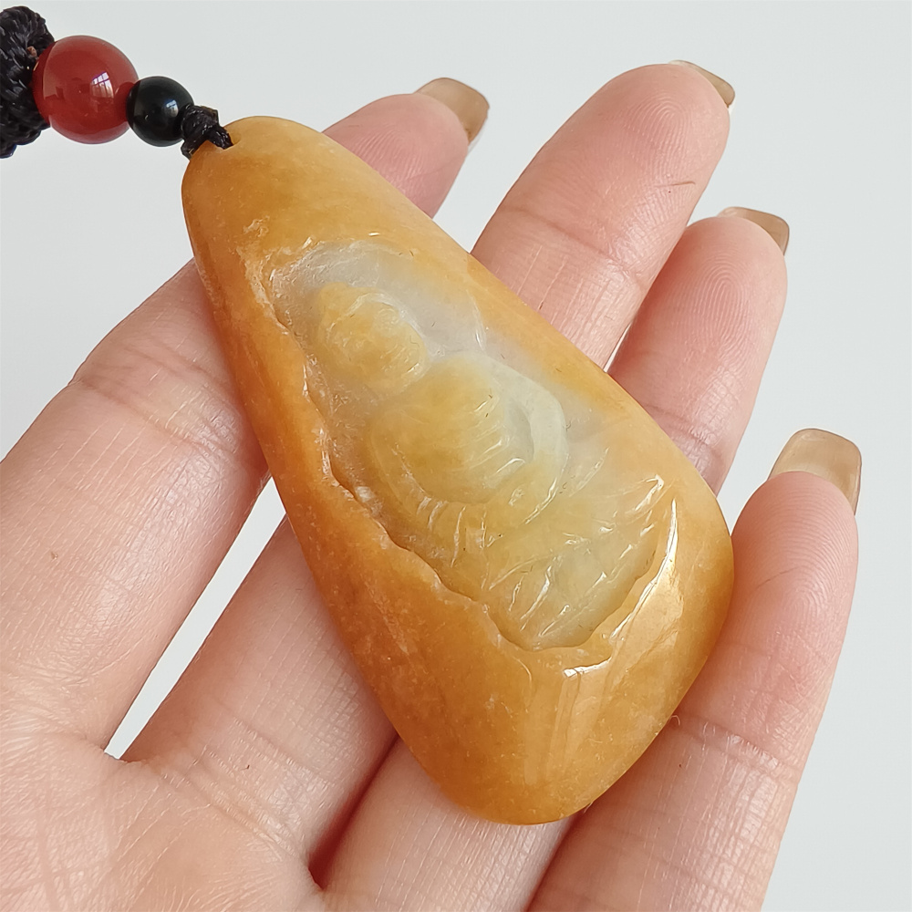 Unique Natural Hand Carved Yellow Color Heated Burmese Jadeite Irregular Pendant With Buddha Carved,Yellow White Jadeite Pendant,DIY Jewelry Supplies