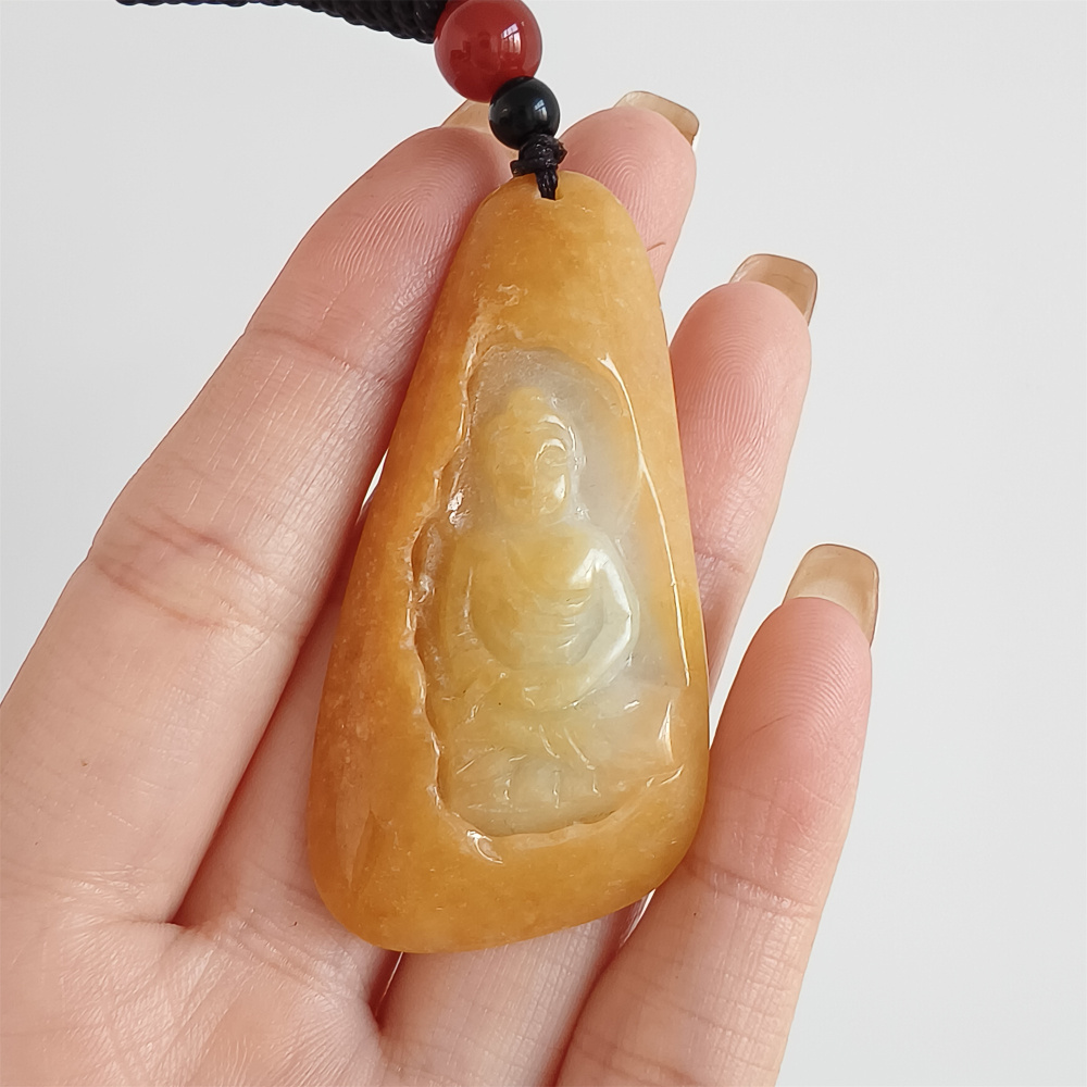 Unique Natural Hand Carved Yellow Color Heated Burmese Jadeite Irregular Pendant With Buddha Carved,Yellow White Jadeite Pendant,DIY Jewelry Supplies