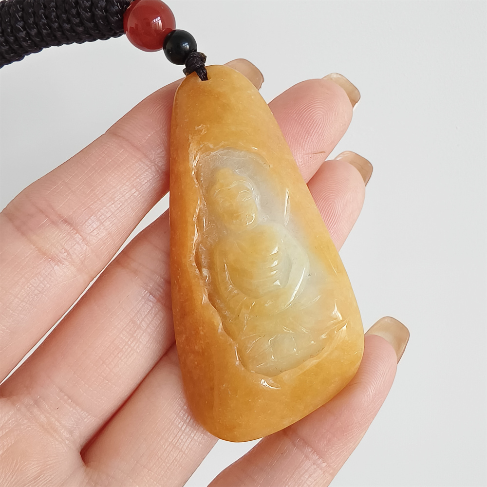 Unique Natural Hand Carved Yellow Color Heated Burmese Jadeite Irregular Pendant With Buddha Carved,Yellow White Jadeite Pendant,DIY Jewelry Supplies