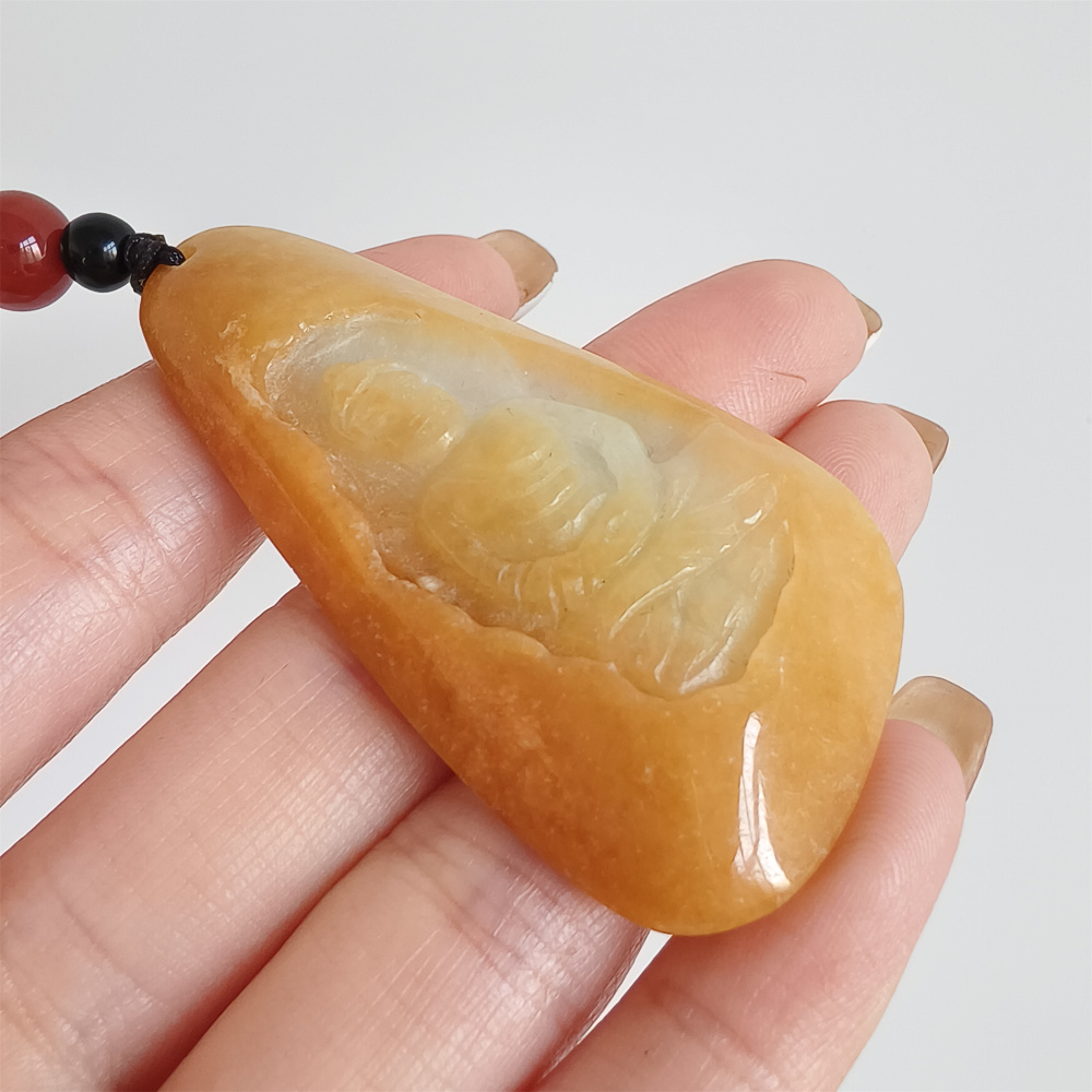 Unique Natural Hand Carved Yellow Color Heated Burmese Jadeite Irregular Pendant With Buddha Carved,Yellow White Jadeite Pendant,DIY Jewelry Supplies