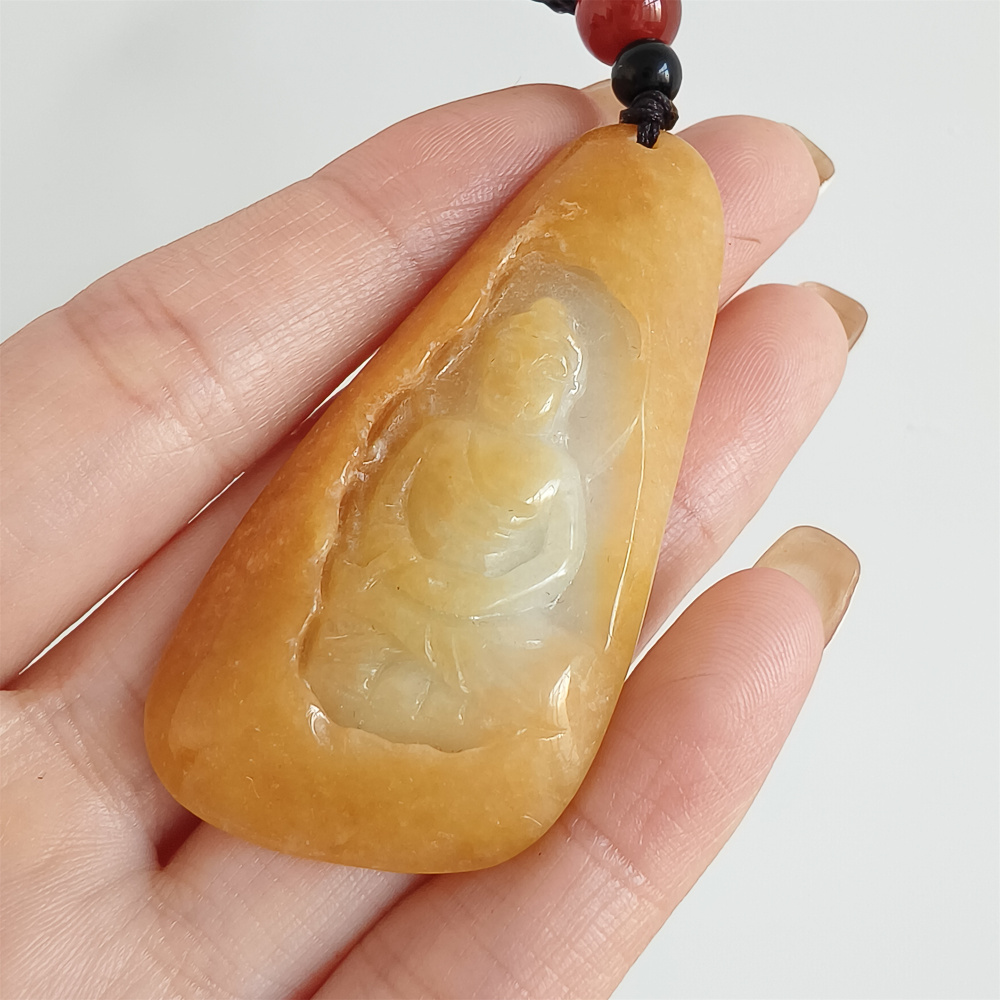 Unique Natural Hand Carved Yellow Color Heated Burmese Jadeite Irregular Pendant With Buddha Carved,Yellow White Jadeite Pendant,DIY Jewelry Supplies