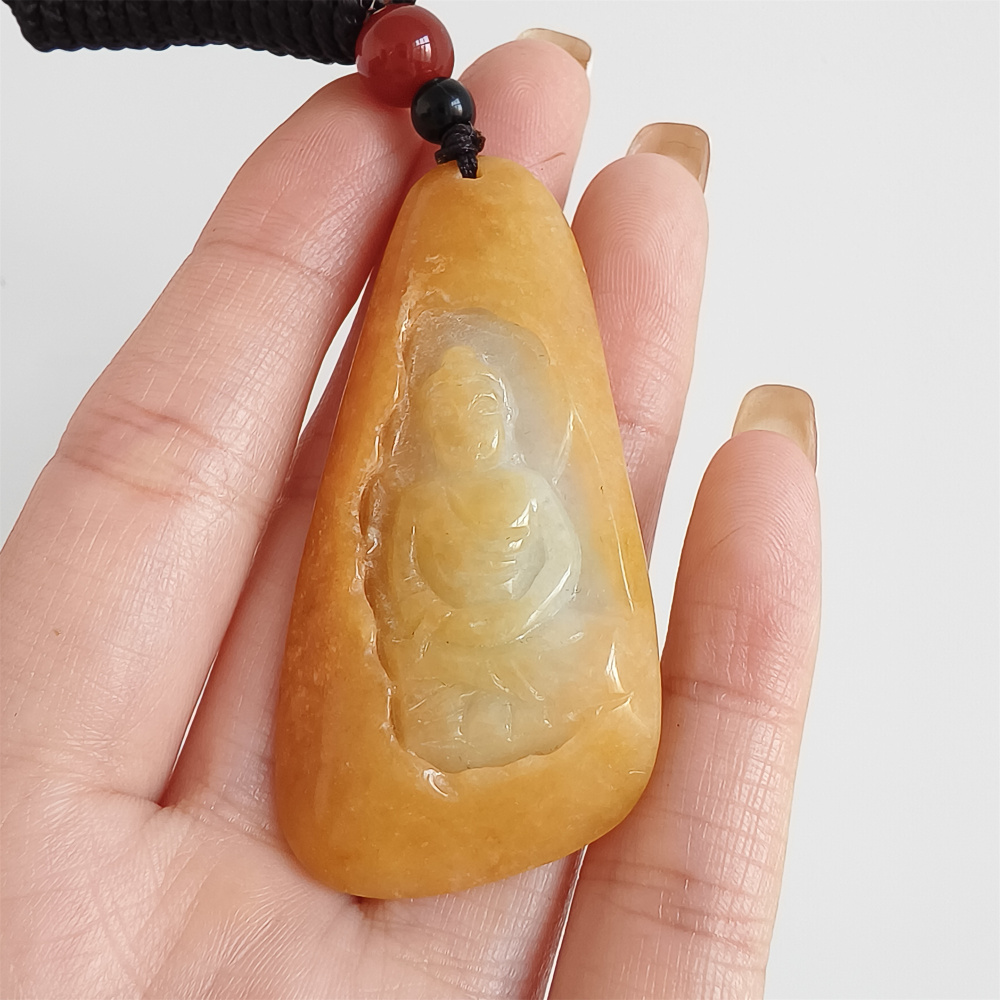 Unique Natural Hand Carved Yellow Color Heated Burmese Jadeite Irregular Pendant With Buddha Carved,Yellow White Jadeite Pendant,DIY Jewelry Supplies