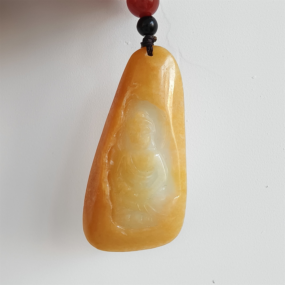 Unique Natural Hand Carved Yellow Color Heated Burmese Jadeite Irregular Pendant With Buddha Carved,Yellow White Jadeite Pendant,DIY Jewelry Supplies