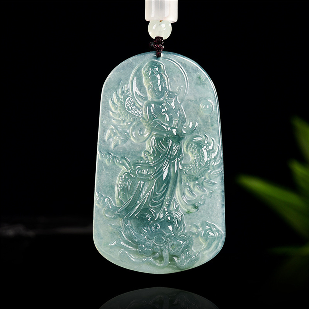 Natural Certificated Type A Untreated 57.5X34.5mm Blue Icy Watery Guatemalan Jadeite Guanyin Riding a Dragon Pendant,Amulet Pendant,DIY Jewelry Supplies