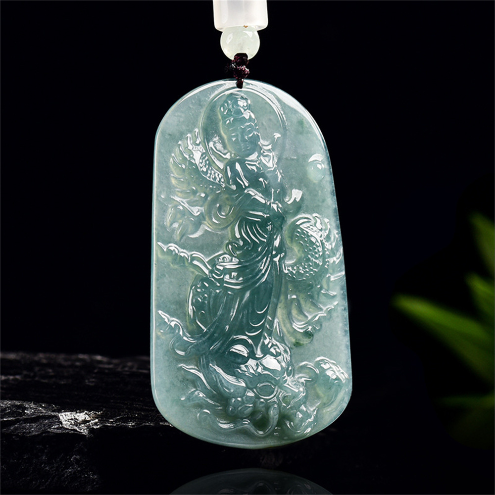 Natural Certificated Type A Untreated 57.5X34.5mm Blue Icy Watery Guatemalan Jadeite Guanyin Riding a Dragon Pendant,Amulet Pendant,DIY Jewelry Supplies