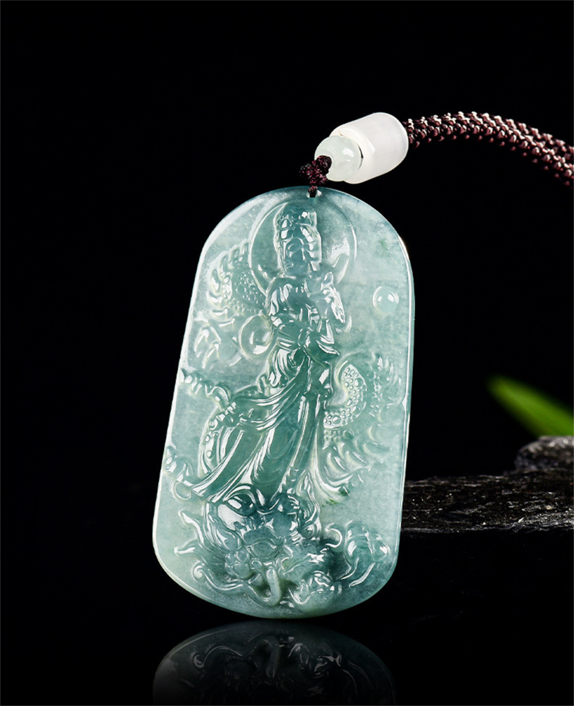 Natural Certificated Type A Untreated 57.5X34.5mm Blue Icy Watery Guatemalan Jadeite Guanyin Riding a Dragon Pendant,Amulet Pendant,DIY Jewelry Supplies