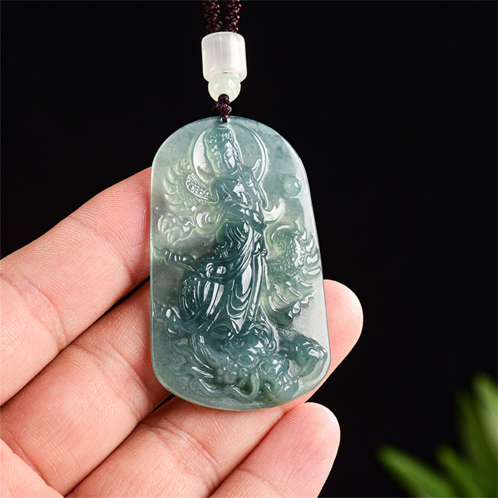 Natural Certificated Type A Untreated 57.5X34.5mm Blue Icy Watery Guatemalan Jadeite Guanyin Riding a Dragon Pendant,Amulet Pendant,DIY Jewelry Supplies