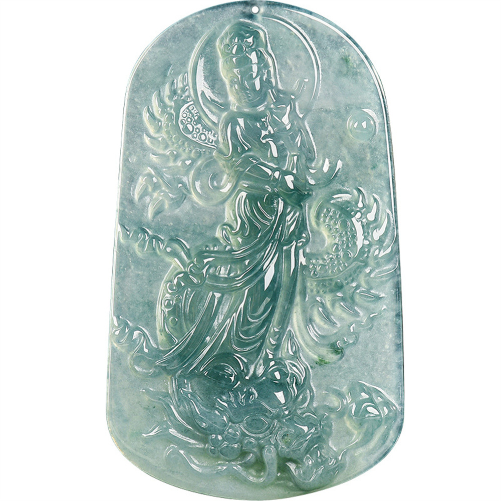 Natural Certificated Type A Untreated 57.5X34.5mm Blue Icy Watery Guatemalan Jadeite Guanyin Riding a Dragon Pendant,Amulet Pendant,DIY Jewelry Supplies