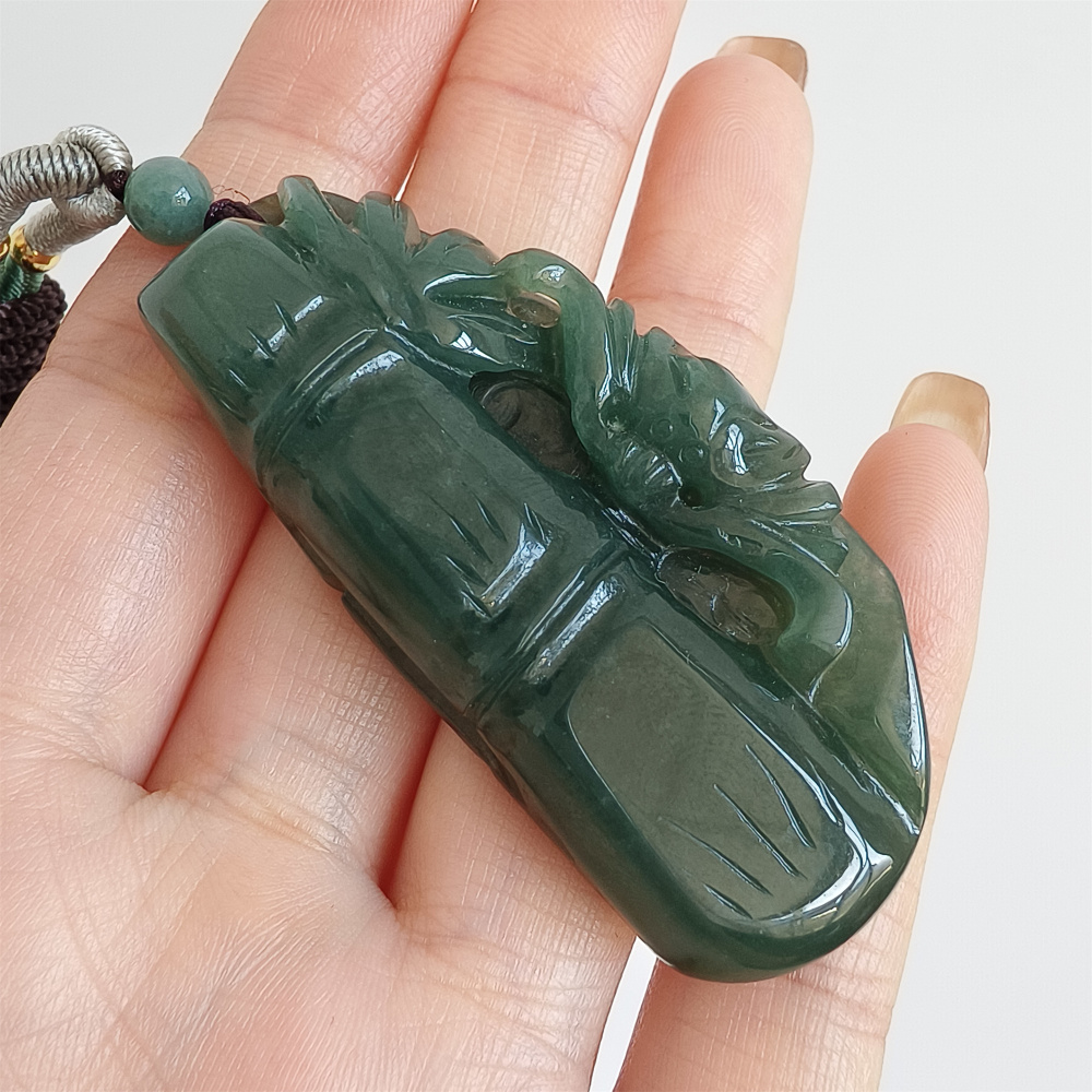 Unique Natural Certificated Type A Untreated 55X26mm Green Yellow Icy Watery Burmese Jadeite Bamboo Pendant,步步高升,DIY Jewelry Supplies
