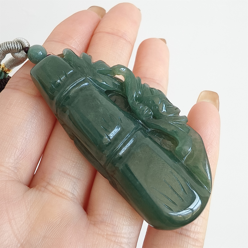 Unique Natural Certificated Type A Untreated 55X26mm Green Yellow Icy Watery Burmese Jadeite Bamboo Pendant,步步高升,DIY Jewelry Supplies