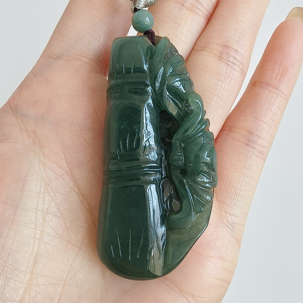 Unique Natural Certificated Type A Untreated 55X26mm Green Yellow Icy Watery Burmese Jadeite Bamboo Pendant,步步高升,DIY Jewelry Supplies