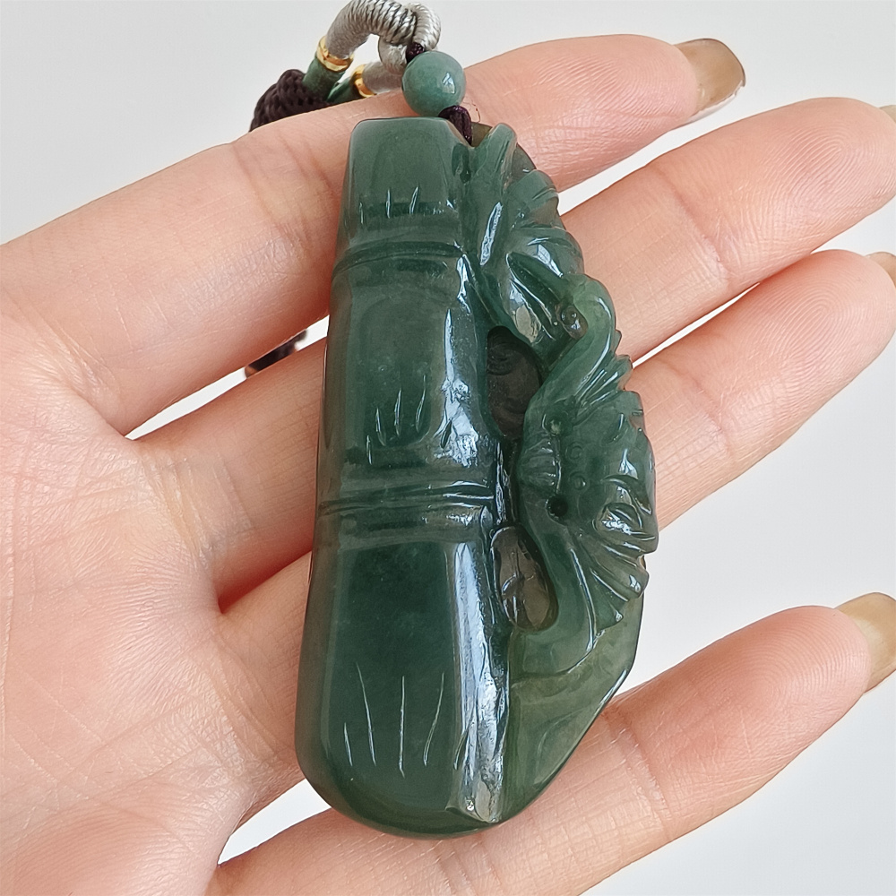 Unique Natural Certificated Type A Untreated 55X26mm Green Yellow Icy Watery Burmese Jadeite Bamboo Pendant,步步高升,DIY Jewelry Supplies