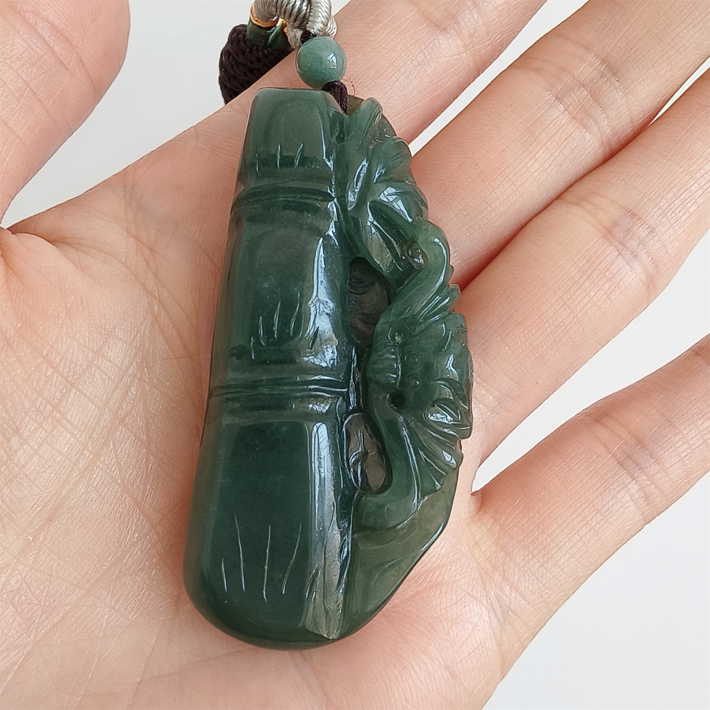 Unique Natural Certificated Type A Untreated 55X26mm Green Yellow Icy Watery Burmese Jadeite Bamboo Pendant,步步高升,DIY Jewelry Supplies
