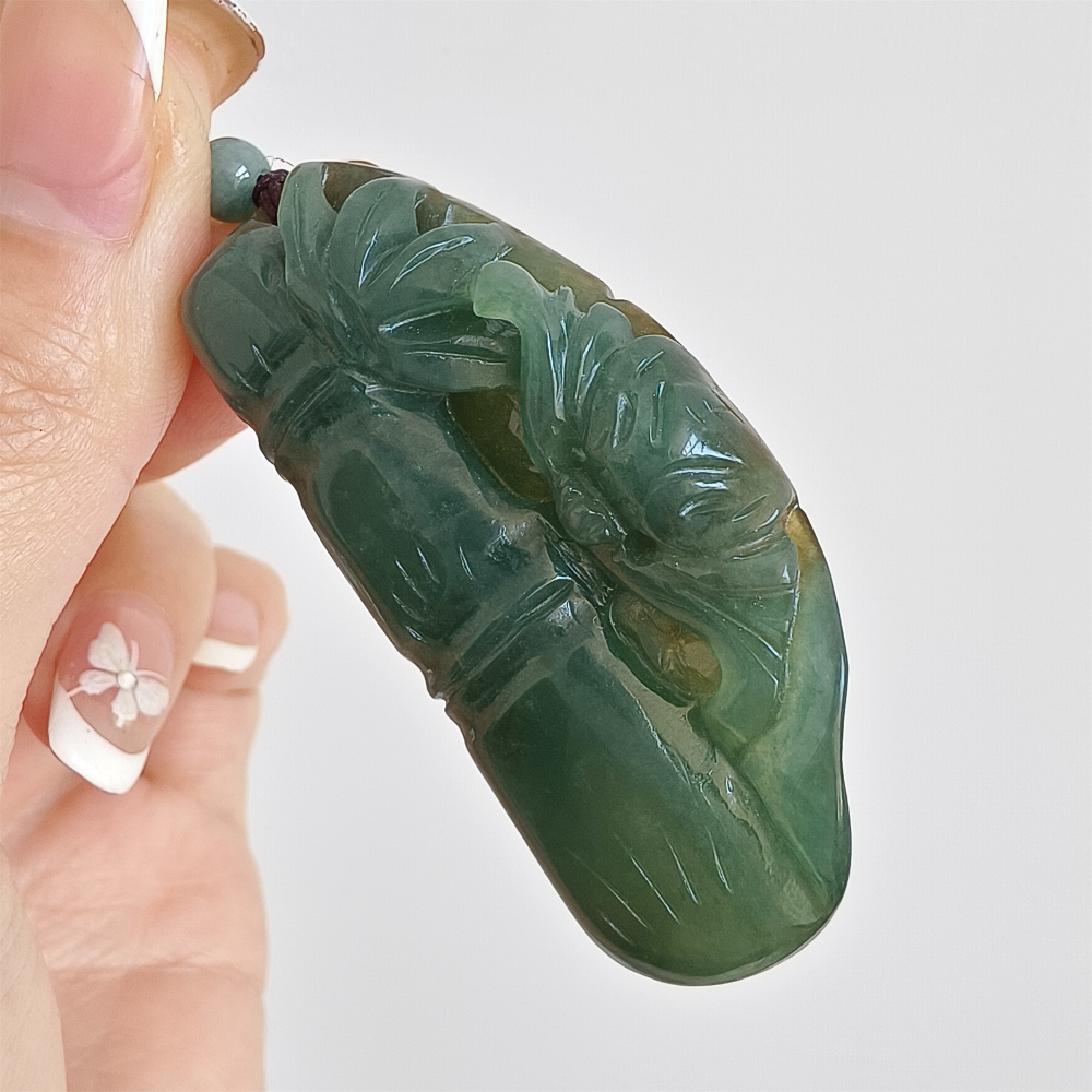 Unique Natural Certificated Type A Untreated 55X26mm Green Yellow Icy Watery Burmese Jadeite Bamboo Pendant,步步高升,DIY Jewelry Supplies