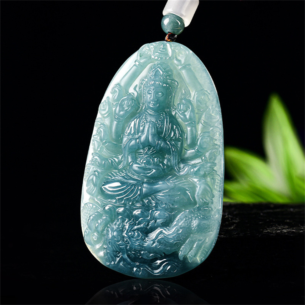 Natural Certificated Type A Untreated 66X41.5mm Blue Icy Watery Guatemalan Jadeite Oval Pendant With Thousand-Handed Guanyin Carved,DIY Jewelry Supplies