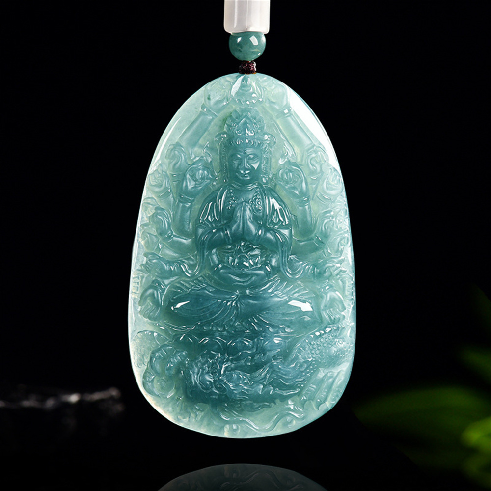Natural Certificated Type A Untreated 66X41.5mm Blue Icy Watery Guatemalan Jadeite Oval Pendant With Thousand-Handed Guanyin Carved,DIY Jewelry Supplies