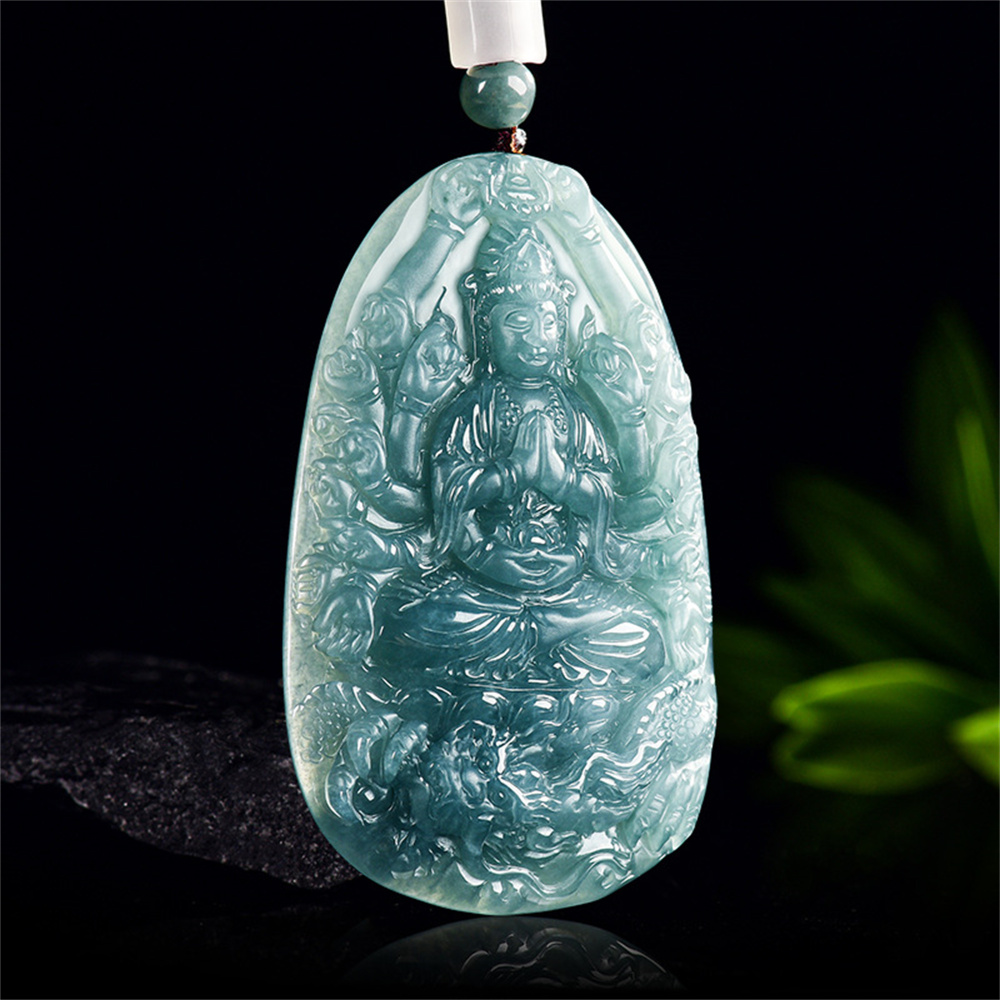 Natural Certificated Type A Untreated 66X41.5mm Blue Icy Watery Guatemalan Jadeite Oval Pendant With Thousand-Handed Guanyin Carved,DIY Jewelry Supplies