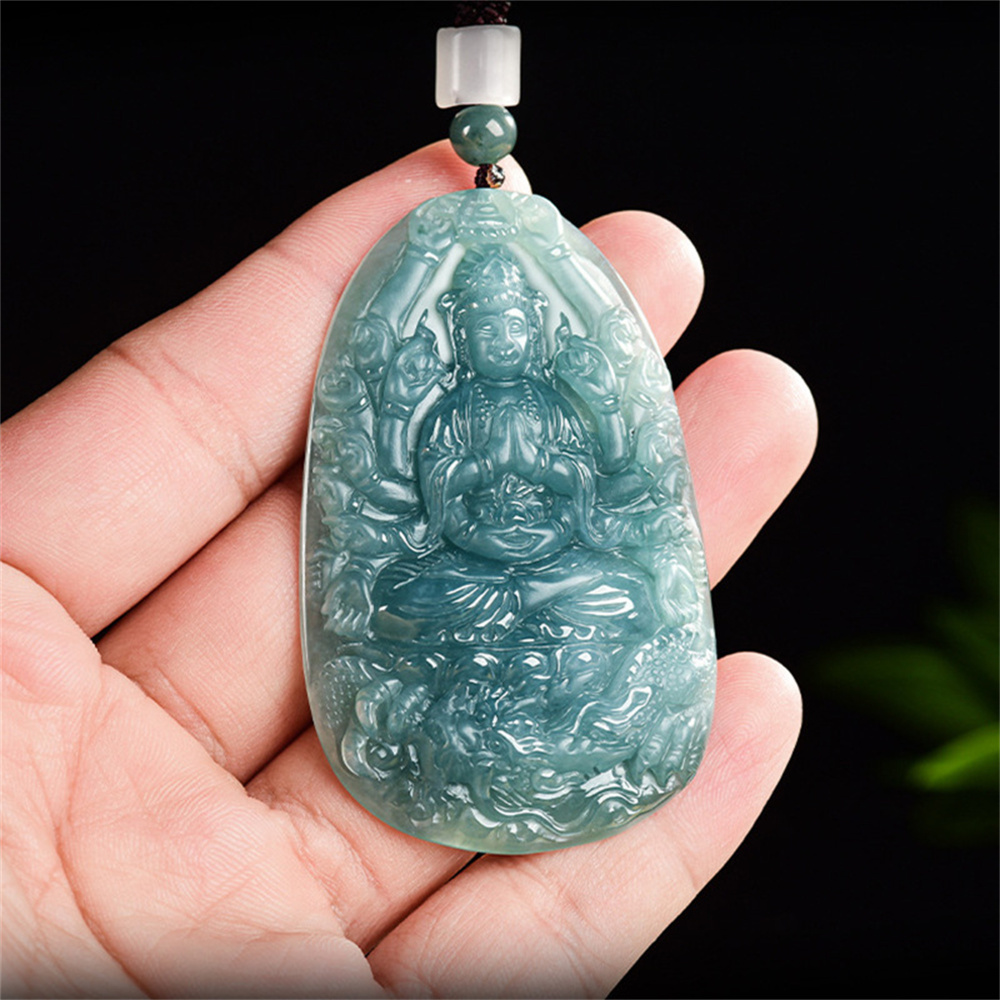 Natural Certificated Type A Untreated 66X41.5mm Blue Icy Watery Guatemalan Jadeite Oval Pendant With Thousand-Handed Guanyin Carved,DIY Jewelry Supplies