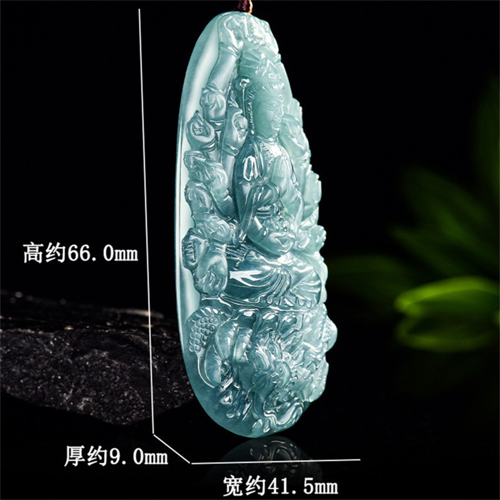 Natural Certificated Type A Untreated 66X41.5mm Blue Icy Watery Guatemalan Jadeite Oval Pendant With Thousand-Handed Guanyin Carved,DIY Jewelry Supplies