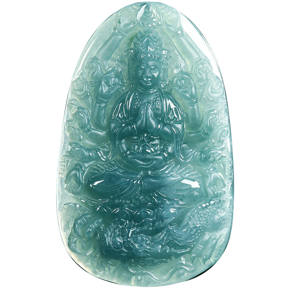 Natural Certificated Type A Untreated 66X41.5mm Blue Icy Watery Guatemalan Jadeite Oval Pendant With Thousand-Handed Guanyin Carved,DIY Jewelry Supplies