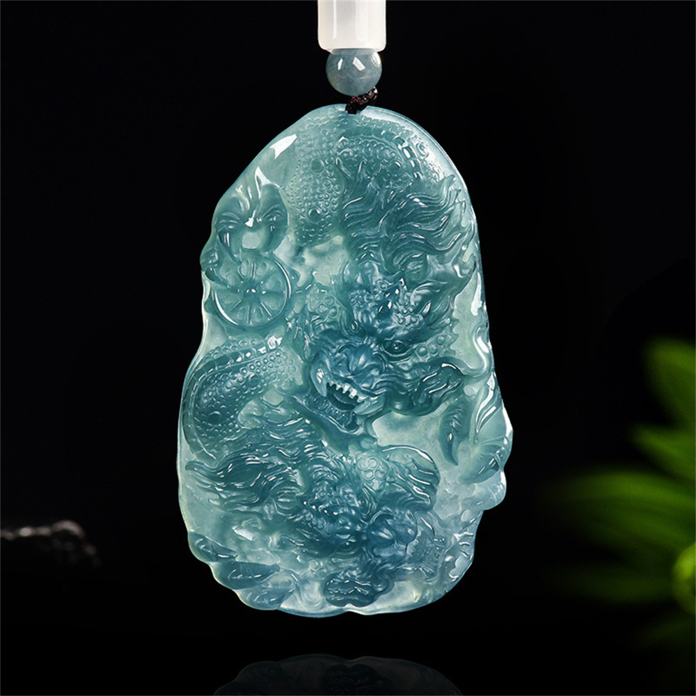 Natural Certificated Type A Untreated 61.5X40.5mm Blue Icy Watery Guatemalan Jadeite Irregular Pendant With Dragon Carved,Chinese Zodiac,DIY Jewelry Supplies