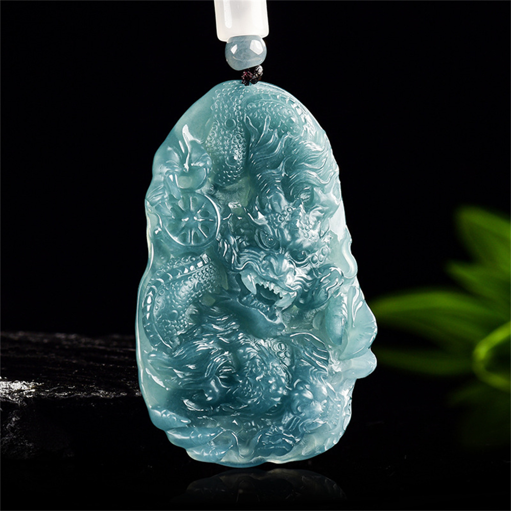 Natural Certificated Type A Untreated 61.5X40.5mm Blue Icy Watery Guatemalan Jadeite Irregular Pendant With Dragon Carved,Chinese Zodiac,DIY Jewelry Supplies