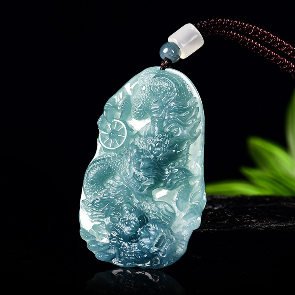 Natural Certificated Type A Untreated 61.5X40.5mm Blue Icy Watery Guatemalan Jadeite Irregular Pendant With Dragon Carved,Chinese Zodiac,DIY Jewelry Supplies