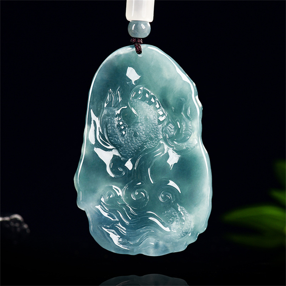 Natural Certificated Type A Untreated 61.5X40.5mm Blue Icy Watery Guatemalan Jadeite Irregular Pendant With Dragon Carved,Chinese Zodiac,DIY Jewelry Supplies
