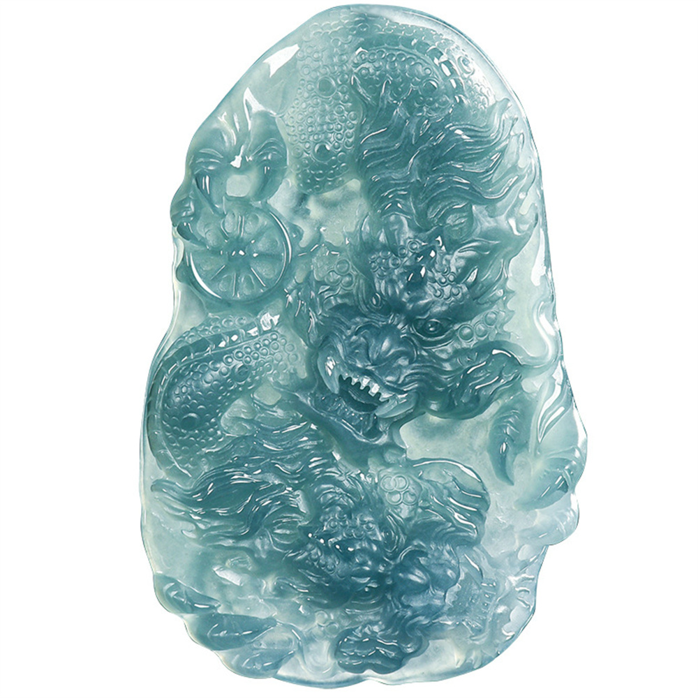 Natural Certificated Type A Untreated 61.5X40.5mm Blue Icy Watery Guatemalan Jadeite Irregular Pendant With Dragon Carved,Chinese Zodiac,DIY Jewelry Supplies