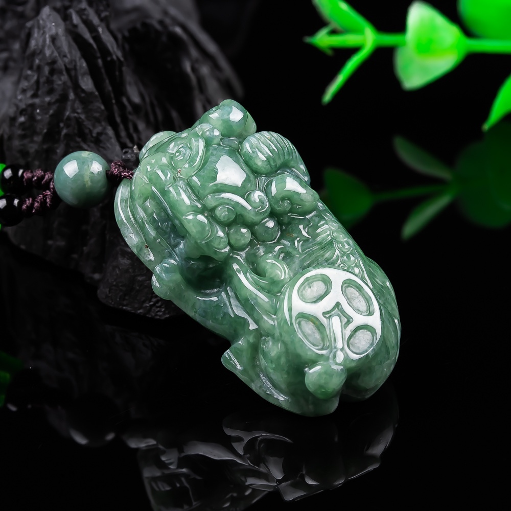 Natural Type A Untreated 45X27mm Bean Green Watery Burmese Jadeite Pixiu Pendant,Amulet Pendant,DIY Jewelry Supplies