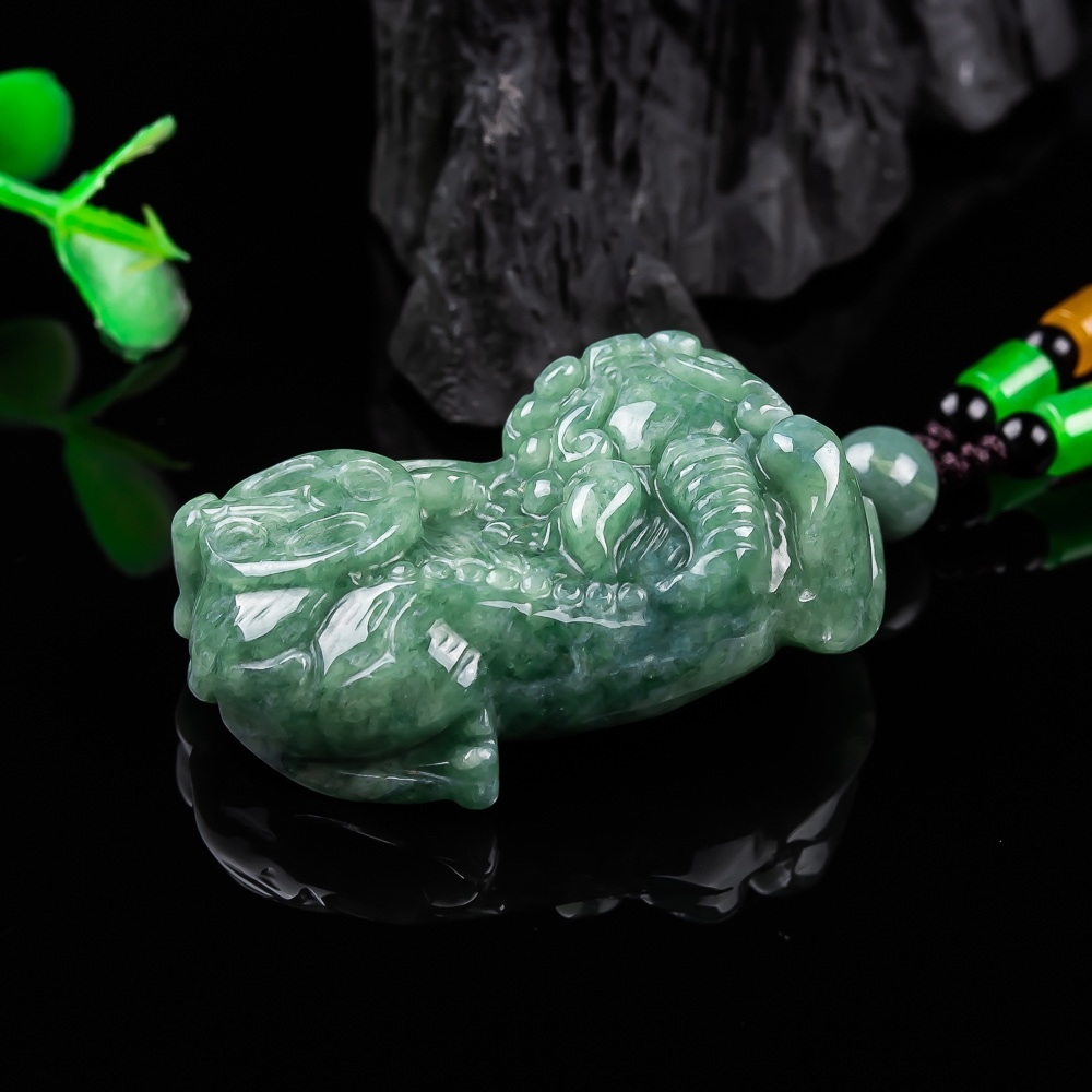 Natural Type A Untreated 45X27mm Bean Green Watery Burmese Jadeite Pixiu Pendant,Amulet Pendant,DIY Jewelry Supplies